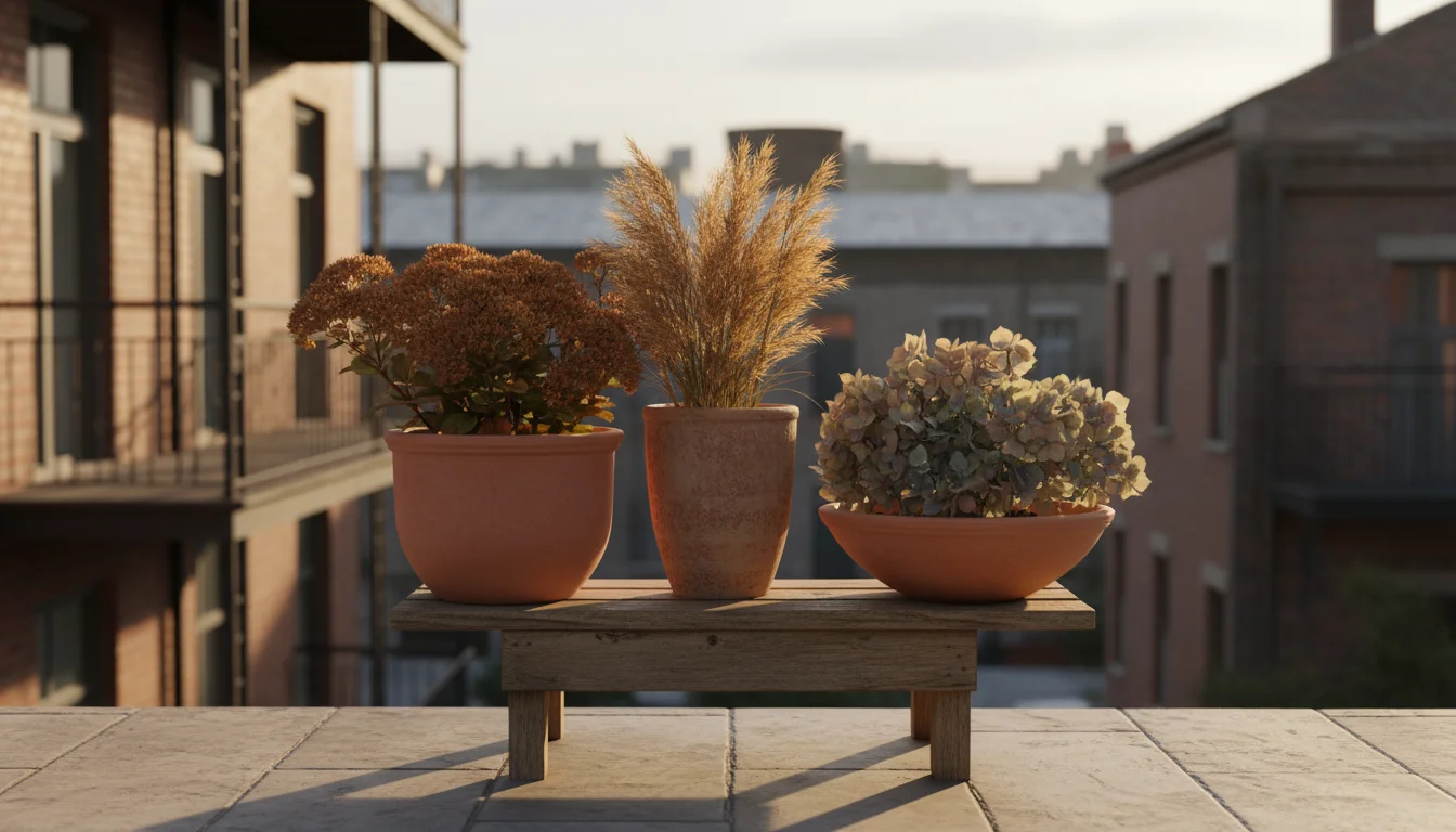 Three terracotta pots on a wooden stand, displaying dried sedum, ornamental grass, and hydrangea on an urban balcony.