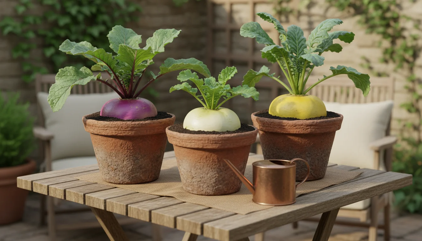 Three terracotta pots on a wooden table, featuring a purple-topped turnip, small white turnips, and lush leafy turnip greens. A hand gently reaches fo