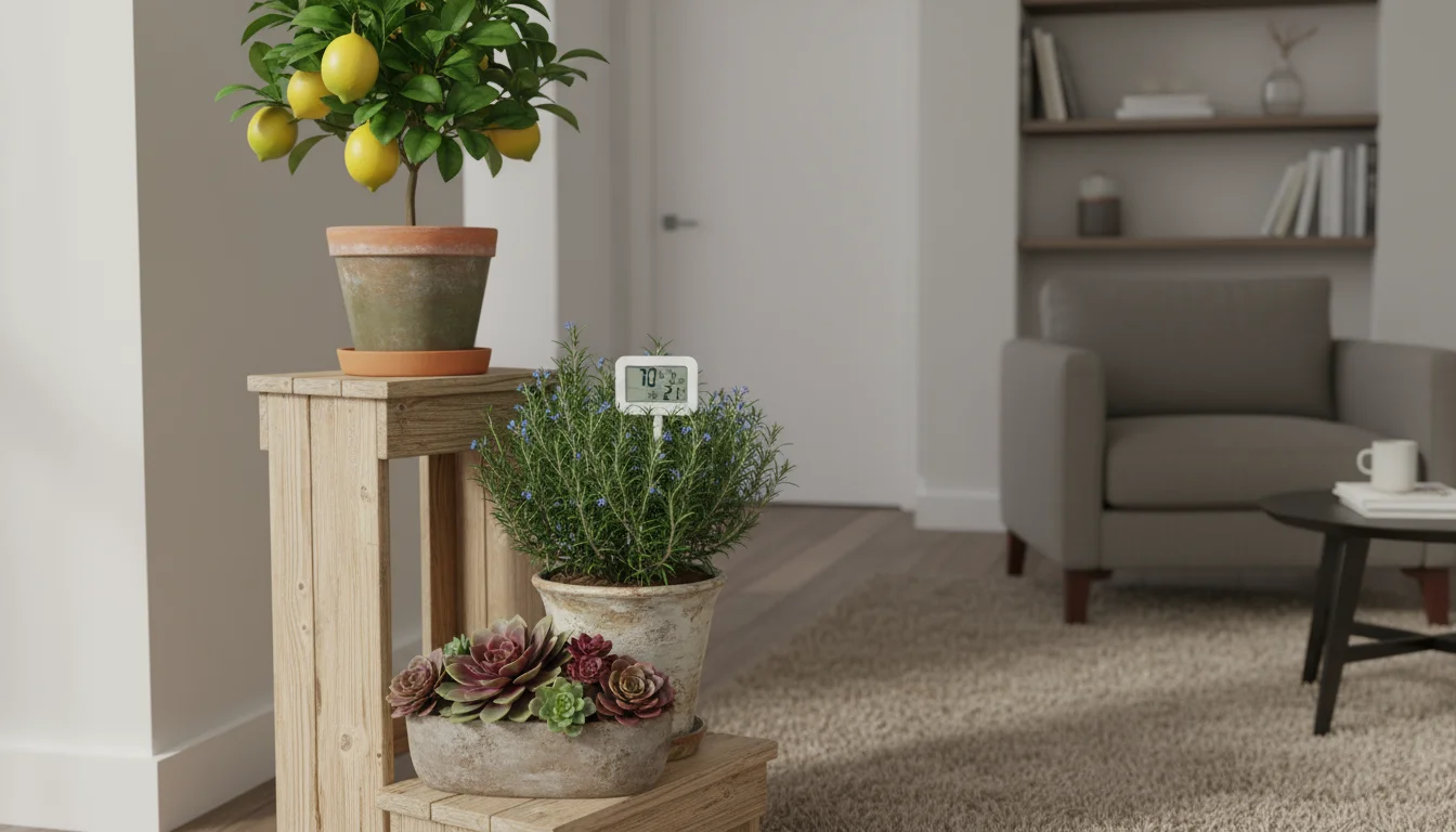 Three thriving container plants, including a citrus tree and rosemary, on a wooden stand with a thermometer displaying 70°F.
