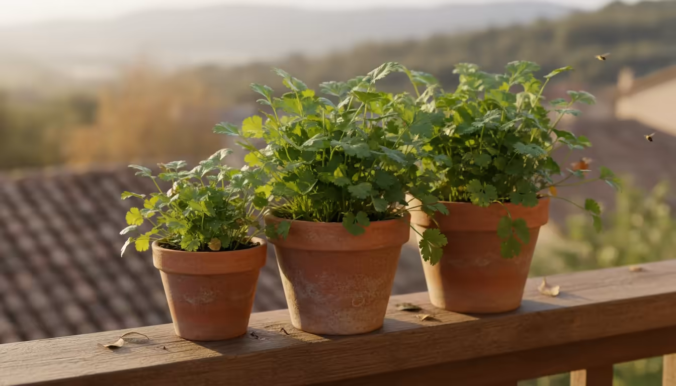 Three thriving pots of vibrant green, heat-tolerant cilantro sit on a sunny wooden balcony railing, showcasing lush growth in a small space.