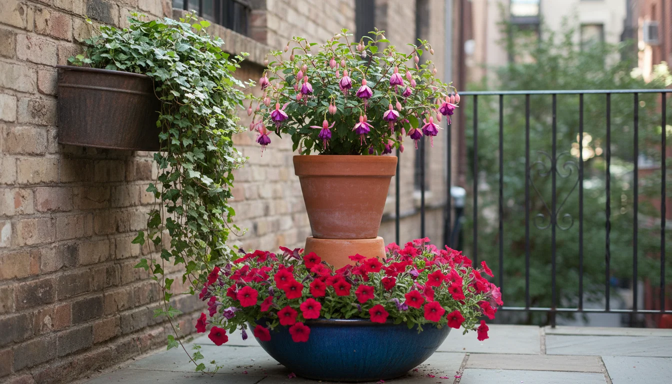 Three tiered plant pots on a patio, from a wall-mounted trailing ivy to a terracotta pot on an inverted pot, to a low ceramic pot with petunias.