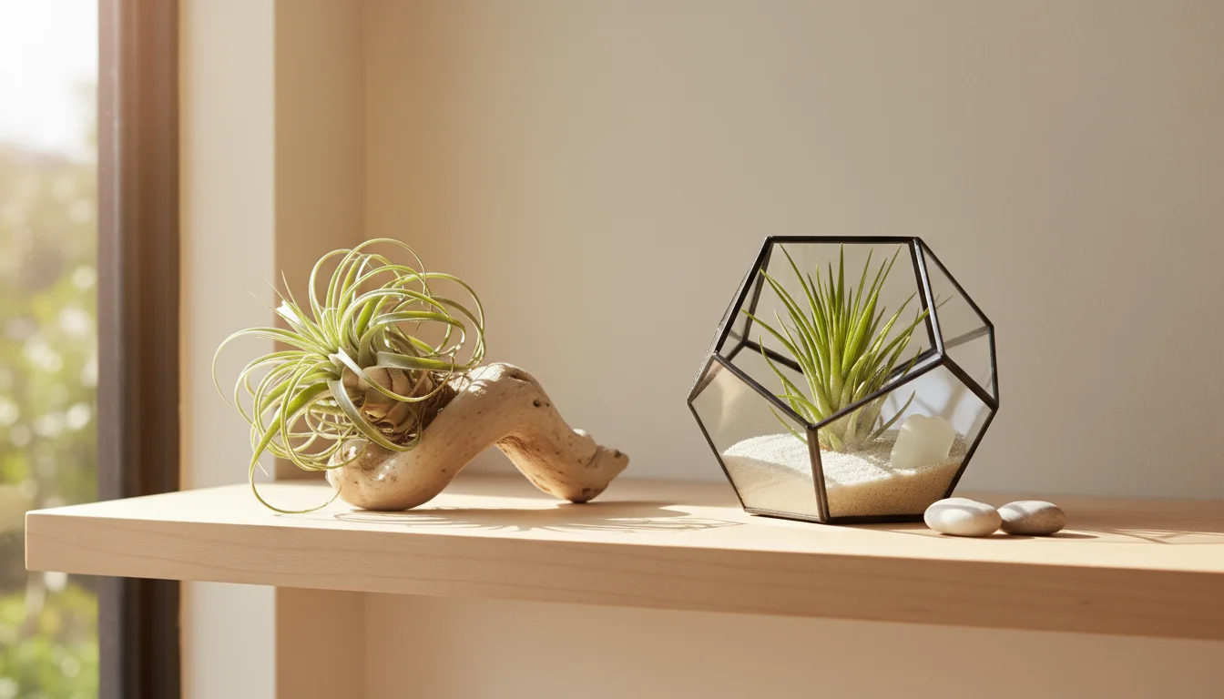 Three Tillandsia air plants displayed creatively: one on driftwood, one in an open geometric terrarium, and one on a river stone, on a light wood shel