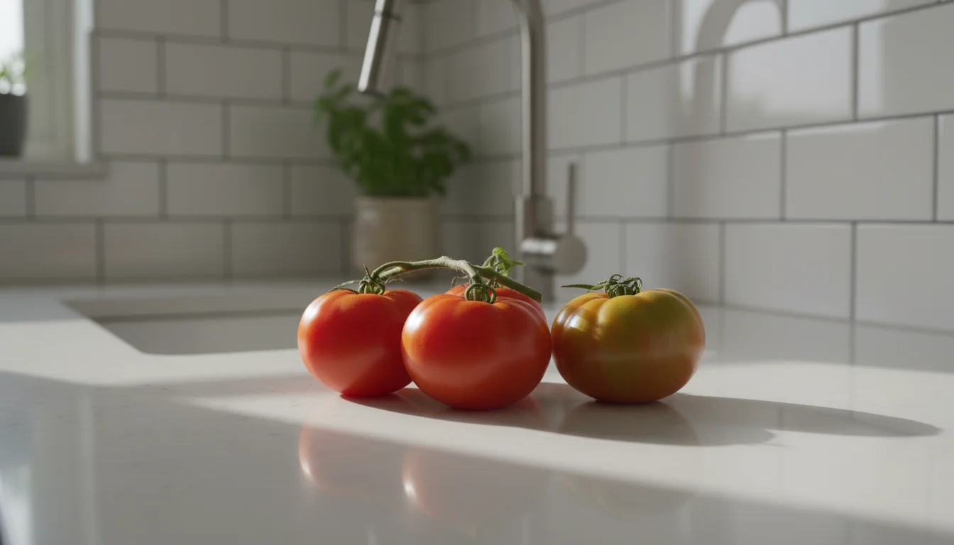Three tomatoes of varying green and red hues sit stem-side down on a pale grey kitchen countertop.