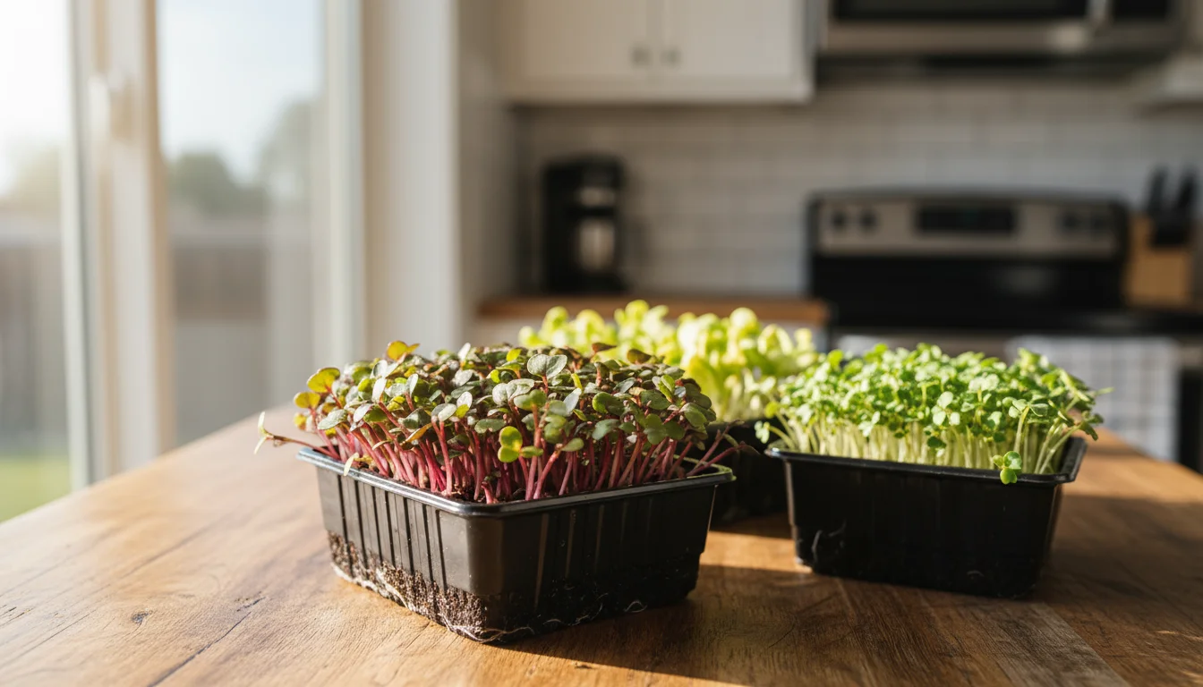 Three trays of microgreens on a sunlit kitchen counter: vibrant radish with true leaves, younger broccoli, and taller pea shoots. A hand rests on the