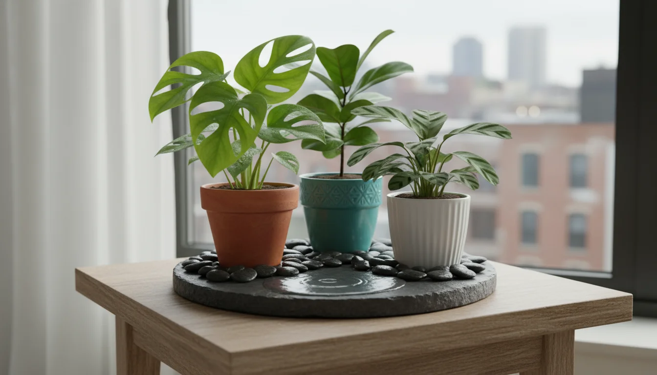 Three tropical plants in various pots sit on a water-filled pebble tray on a wooden table indoors, enhancing humidity.