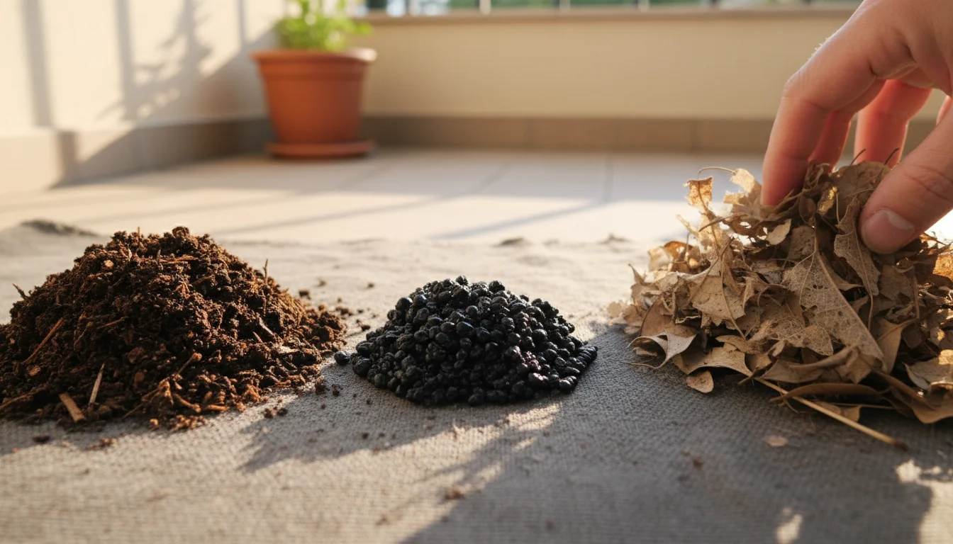 Three types of composted material: finished compost, worm castings, and leaf mold, laid out on a mat with a hand sifting leaf mold.