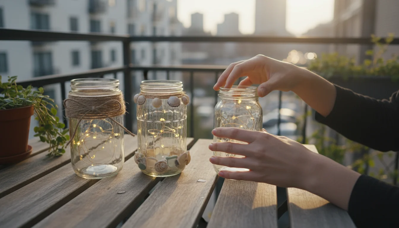 Close-up of three upcycled glass jar lanterns on a balcony table; two glow with fairy lights, a person's hands arrange lights in the third.