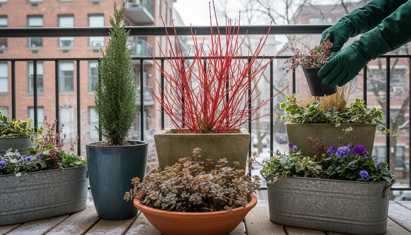 Three varied container plants: red-stemmed dogwood, tall juniper, and low sedum, grouped on a balcony. A person's hands adjust a pot.