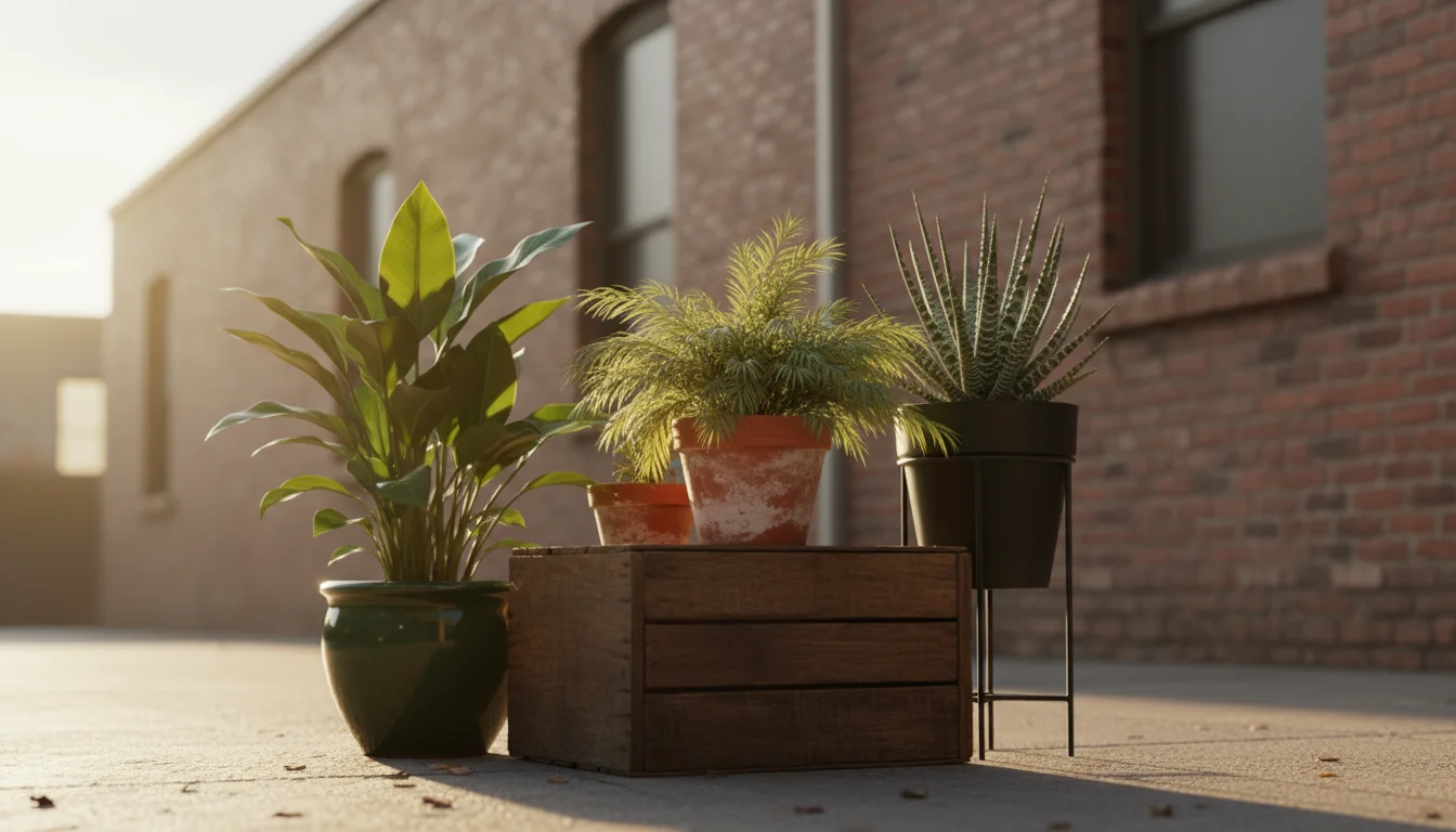 Three vibrant container plants with contrasting forms and textures on a small patio, lit by golden hour sun, arranged on a wooden crate.