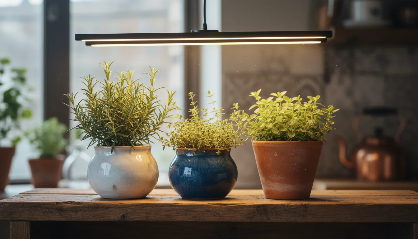 Close-up of three vibrant herb pots (rosemary, thyme, oregano) under a sleek LED grow light on a wooden shelf, supplemented by natural window light.