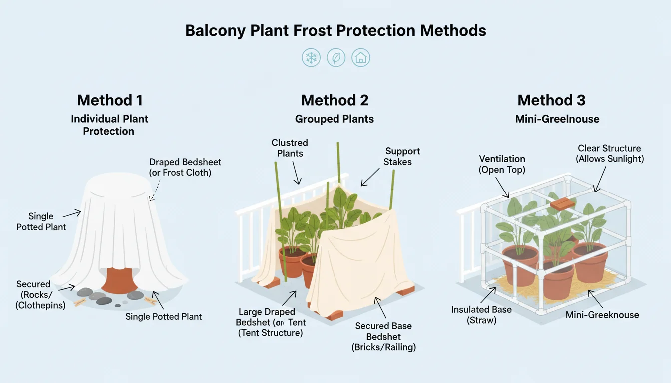 Diagram illustrating three ways to cover balcony plants for frost: a single draped sheet, multiple plants under a tented sheet with stakes, and a tall plant under a staked sheet to avoid crushing foliage. All show sheets touching the ground for heat retention.