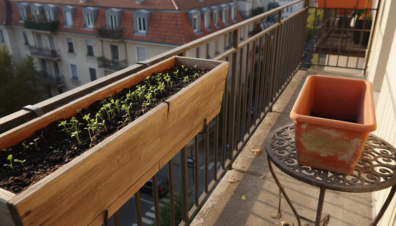 Three window boxes made of cedar wood, terracotta, and dark grey metal are arranged on an urban balcony railing and plant stand.