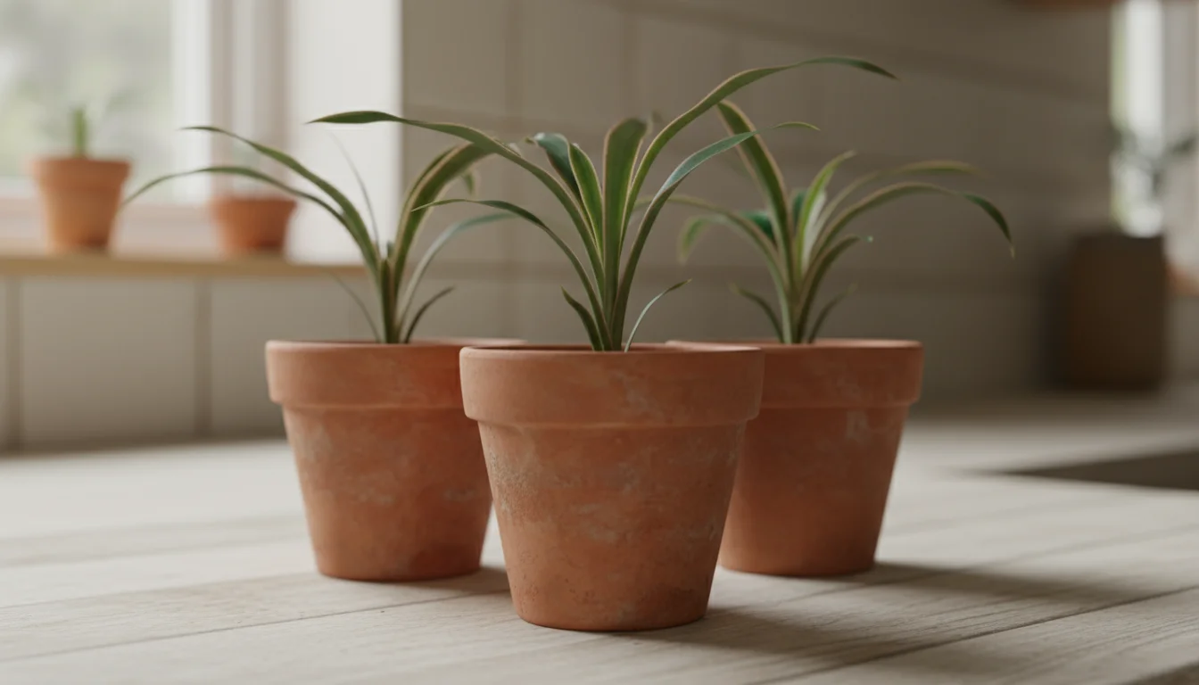 Three young Dracaena marginata seedlings, 3-4 inches tall, in small terracotta pots on a windowsill, displaying their slender, red-edged leaves.