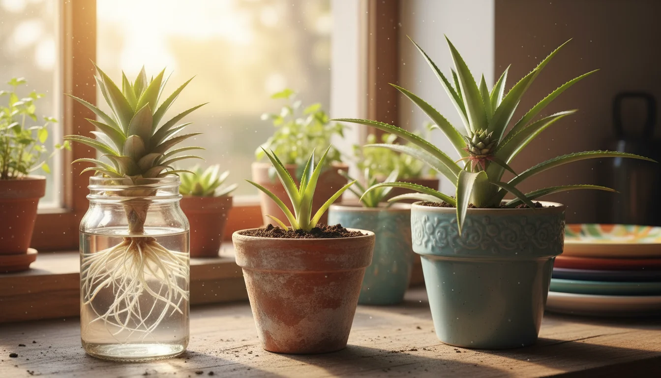 Three young pineapple plants in various early stages of growth, from rooting to potted, arranged on a bright kitchen windowsill.