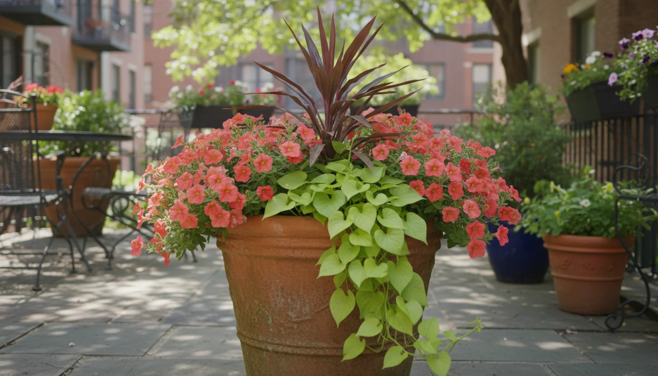 Eye-level view of a 'Thriller, Filler, Spiller' pot with red cordyline, coral petunias, and chartreuse sweet potato vine on a patio.