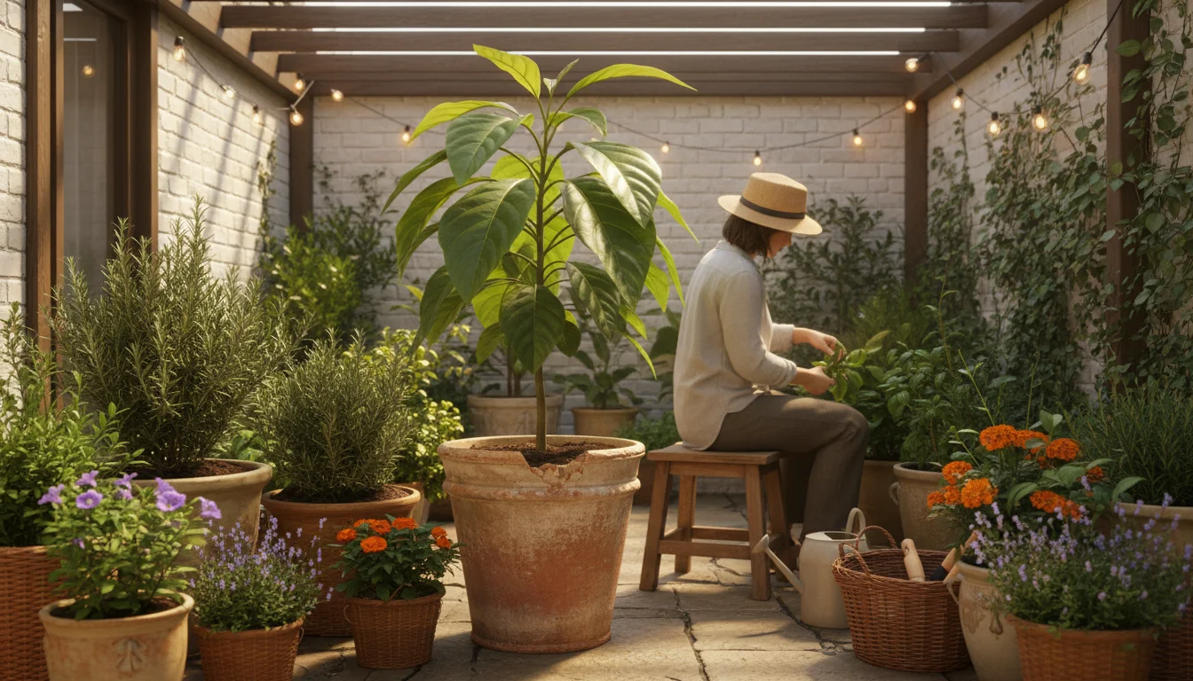 A thriving avocado plant in a terracotta pot on a small, sunlit patio garden with other container plants. A person relaxes in a chair nearby.