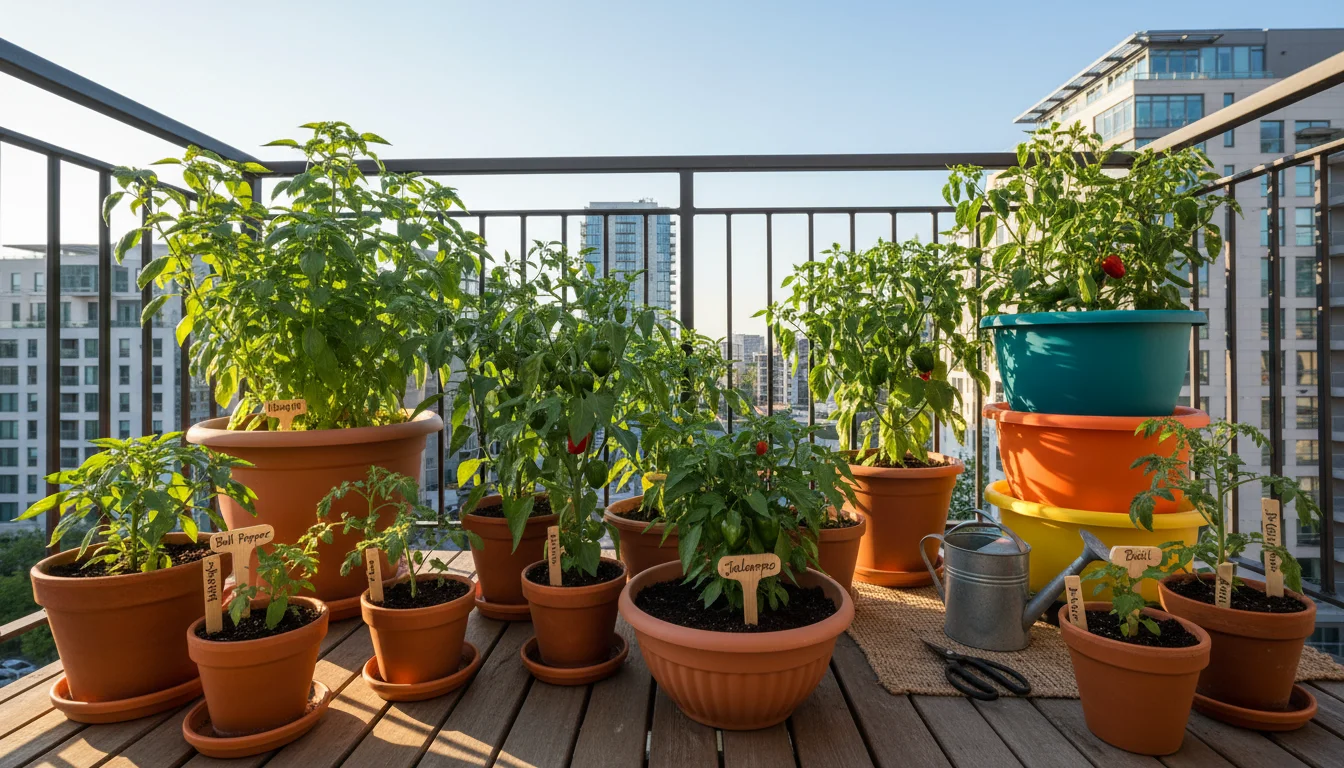 A thriving balcony garden features various potted pepper plants in terracotta and a vertical planter. A basil plant provides a natural windbreak, and