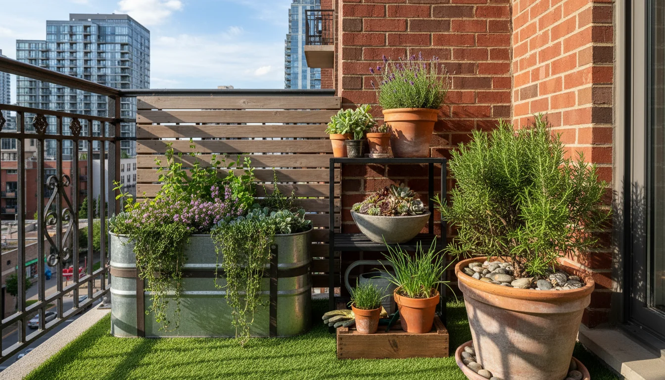A thriving balcony garden filled with various wind-resistant plants like Rosemary, Thyme, Lavender, Sedum, and ornamental grass, bathed in bright, nat