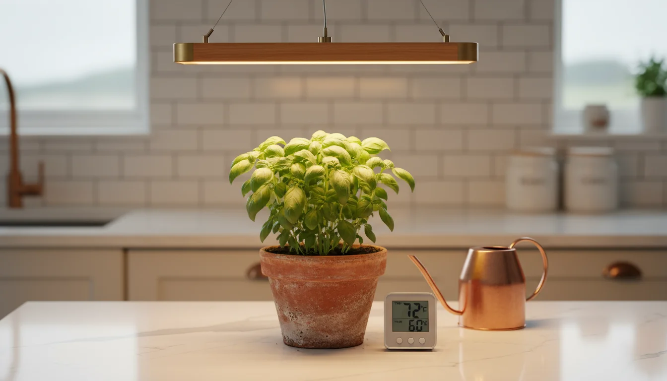A thriving basil plant in a terracotta pot sits on a kitchen counter under a suspended LED grow light, positioned high above it. A digital timer next 