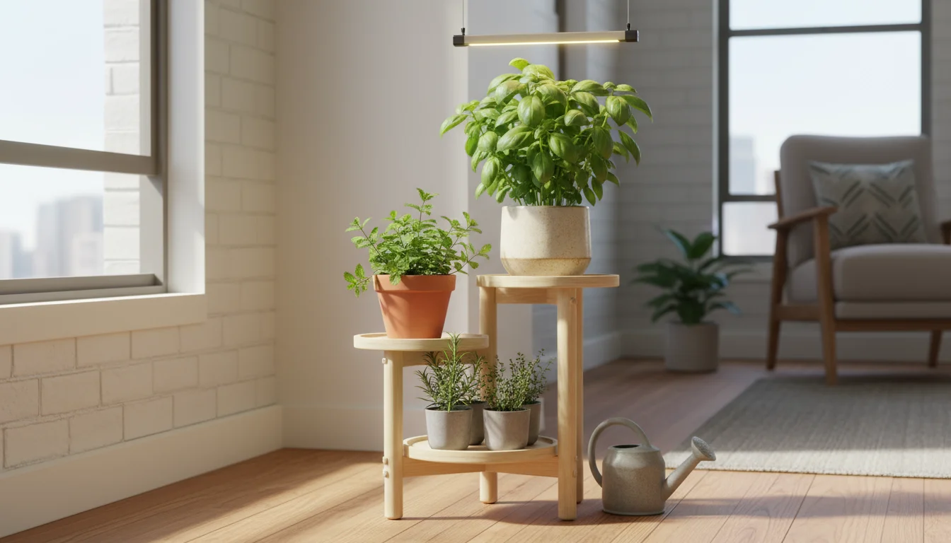Thriving basil and spearmint in ceramic pots on a tiered wooden stand under a minimalist LED grow light in an urban apartment.