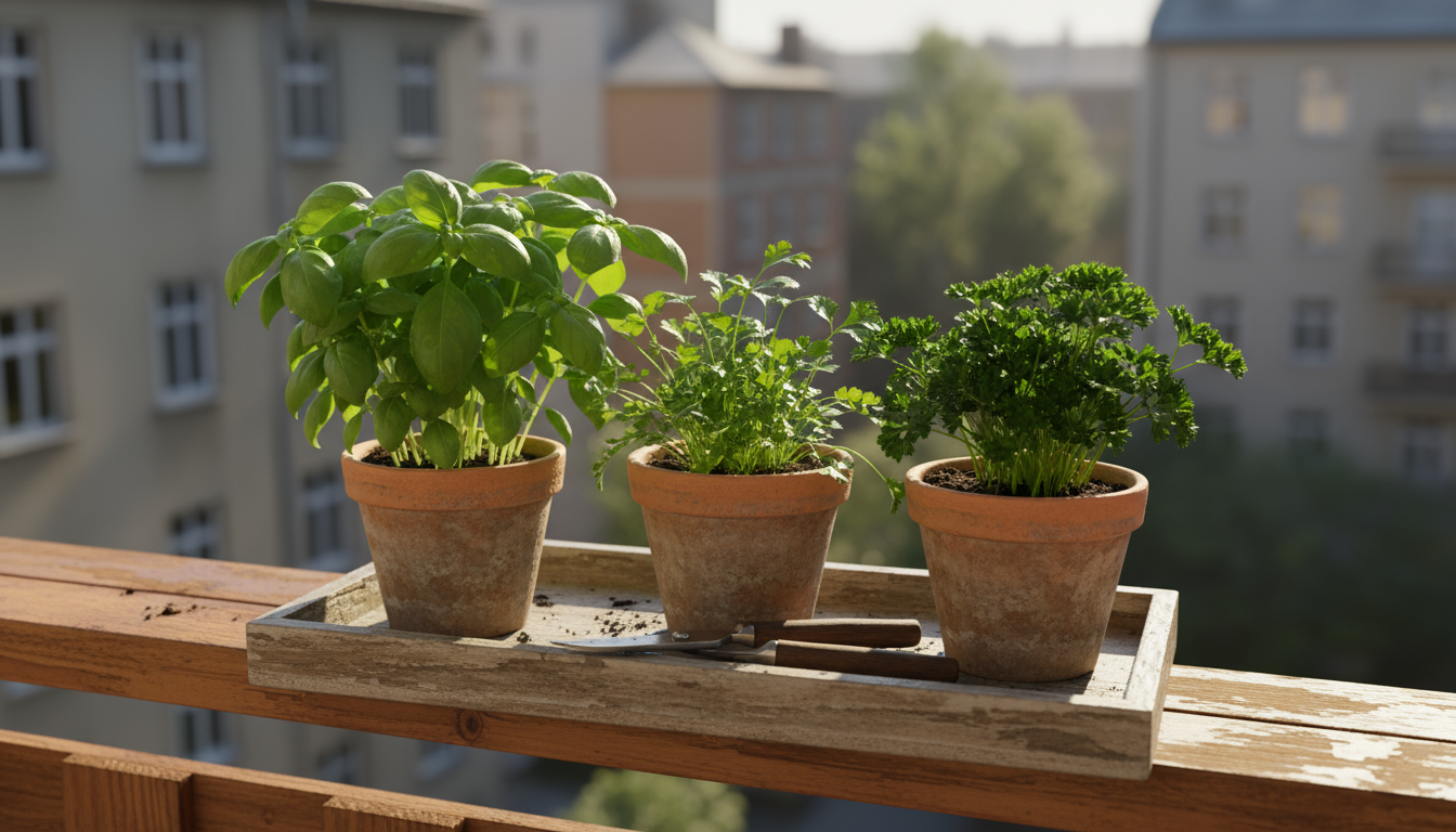 A vibrant bell pepper plant in a wooden planter box on a sunny patio, supported by a small cage, laden with ripe red and orange peppers.
