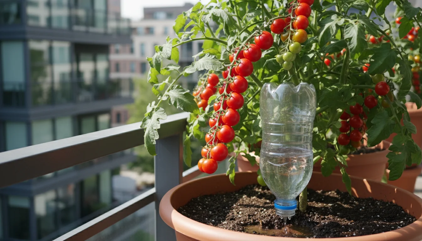 A thriving cherry tomato plant in a pot, heavy with red fruit, watered by an inverted DIY plastic bottle drip system on an urban balcony.