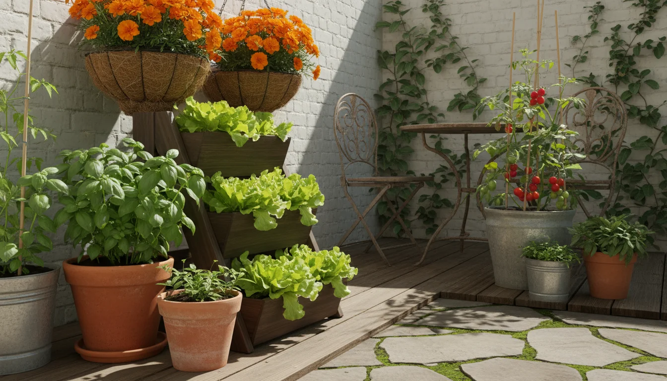 A thriving collection of container plants including basil, lettuce, marigolds, and tomatoes on a sunny urban patio.