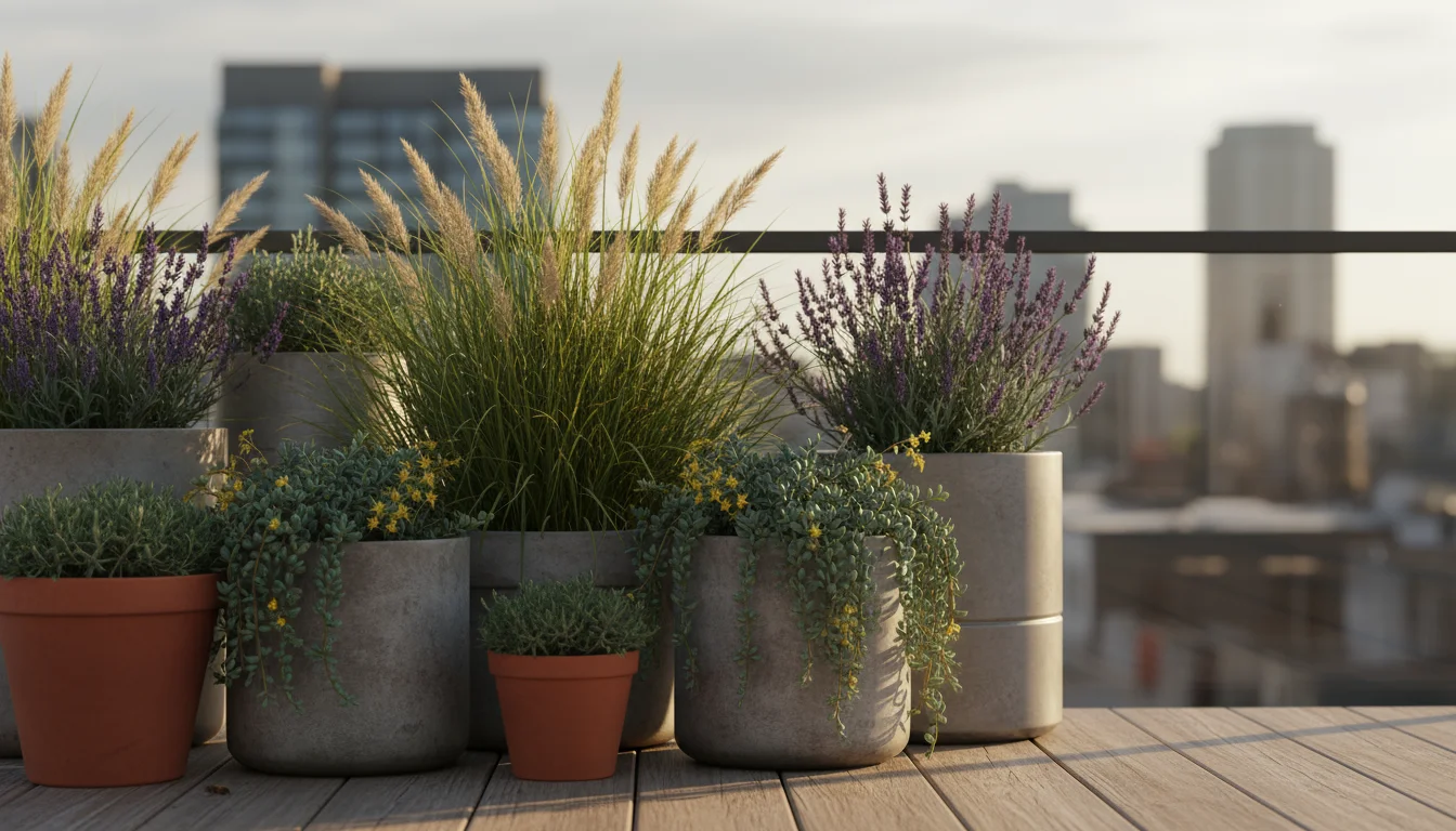 A thriving collection of diverse wind-tolerant plants in various containers on a city balcony, featuring grasses, sedums, and lavender.