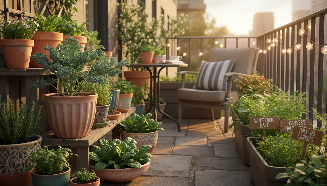 Medium shot of a thriving container garden on a patio with cold-hardy kale, spinach, and carrot tops in various pots, each with a wooden label, under 