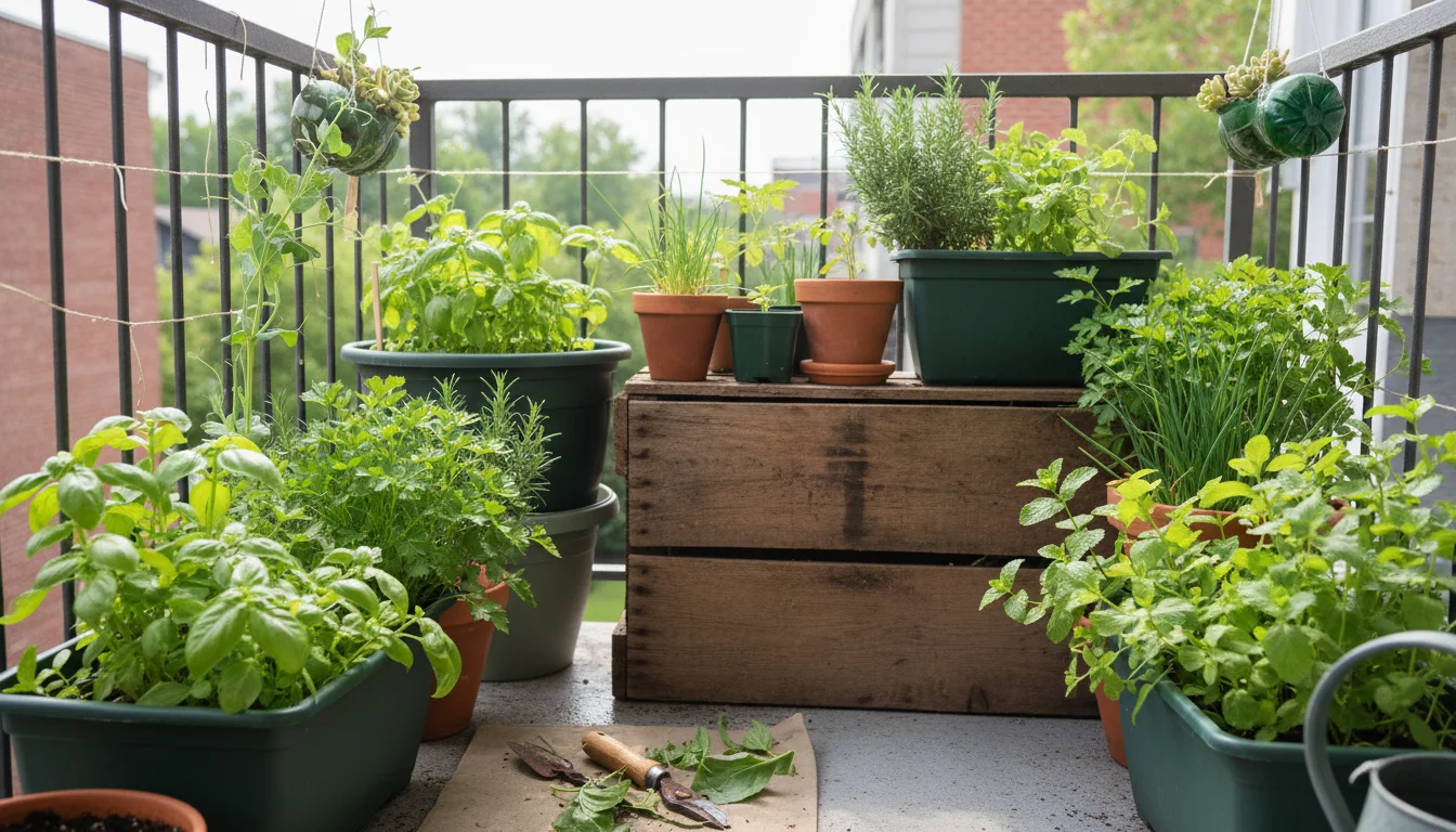 Thriving container garden on an urban balcony with various herbs and small plants in simple terracotta and plastic pots under an overcast sky.