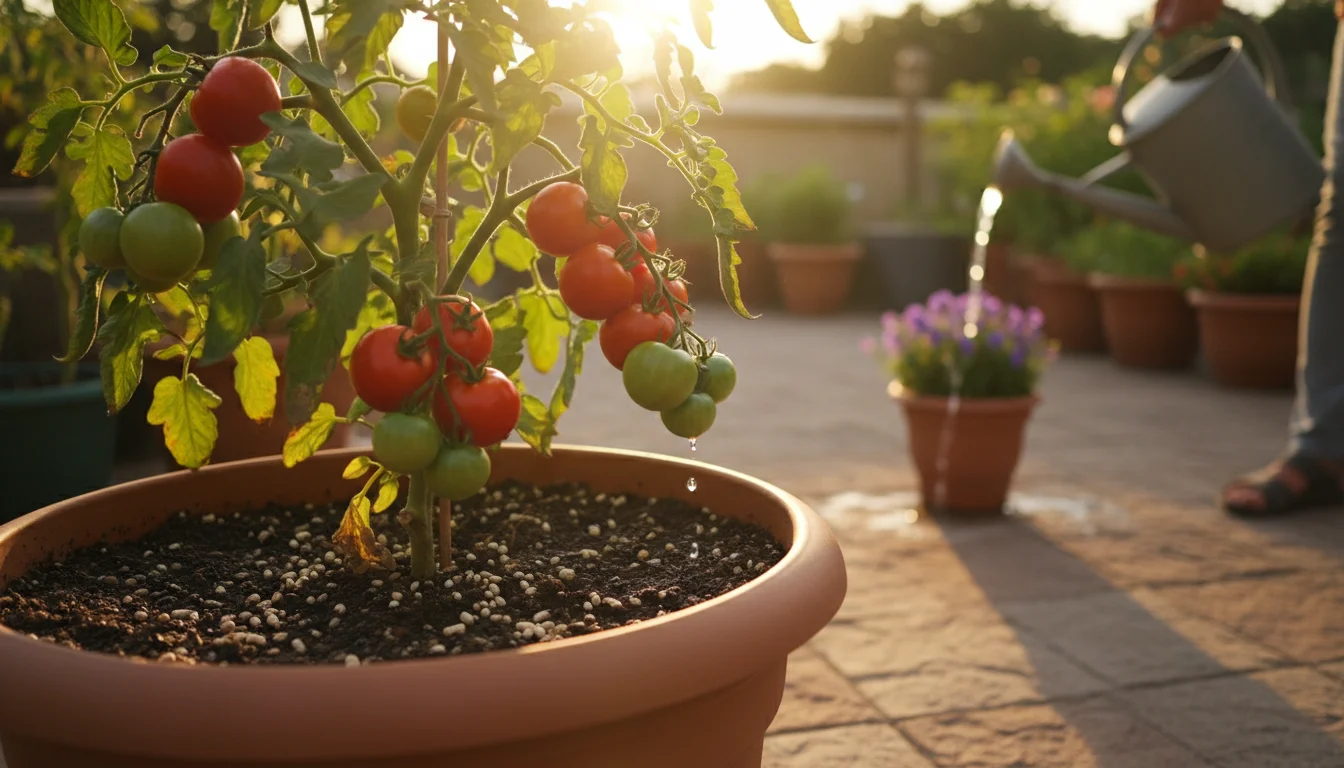 A thriving container tomato plant with visible slow-release fertilizer on the soil, on a sunlit patio, with watering implied in the background.