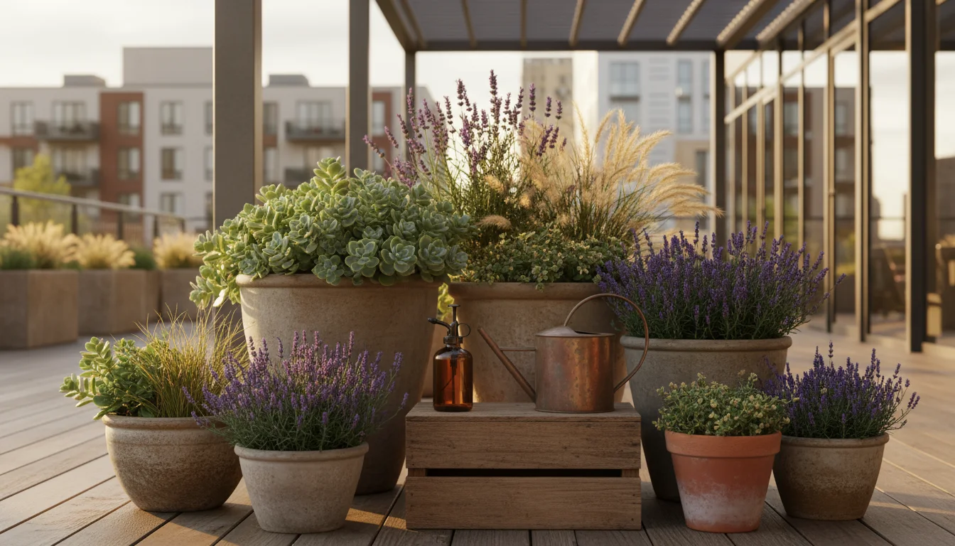 Thriving container xeriscape on a modern patio. Robust sedum, lavender, grasses fill artful pots. A glass spray bottle and copper can on a crate signi