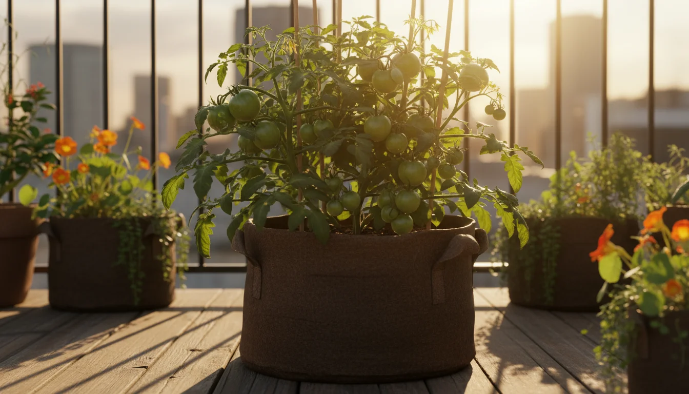 A thriving determinate tomato plant, laden with green fruit, growing in a large 15-gallon fabric grow bag on an urban balcony.