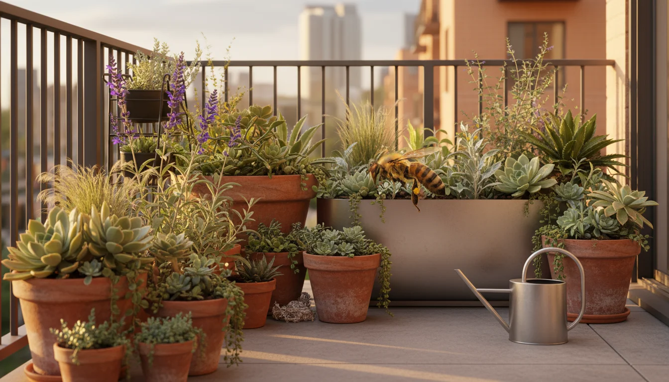 Thriving drought-tolerant plants in containers on an urban balcony during golden hour, with a bee on a flower.