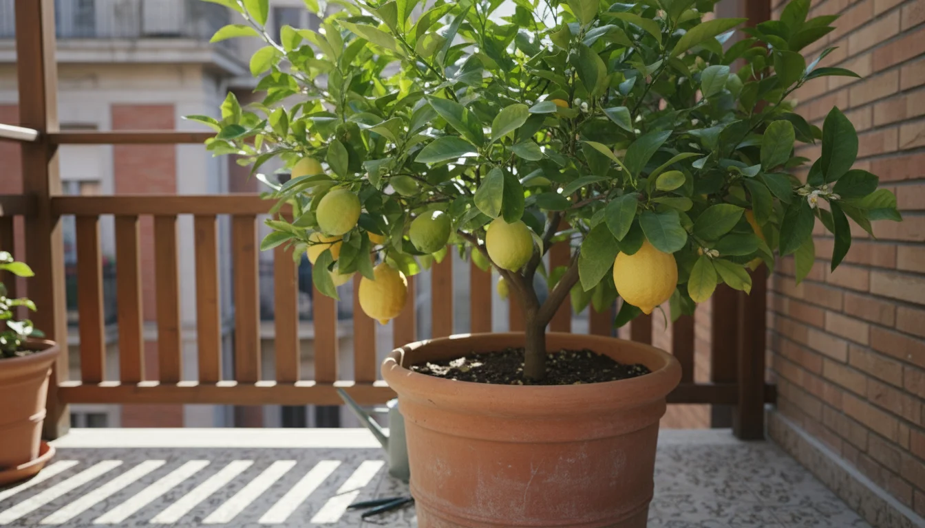 A thriving dwarf Meyer lemon tree with glossy leaves and ripening yellow lemons in a large terracotta pot on a sunny urban patio.