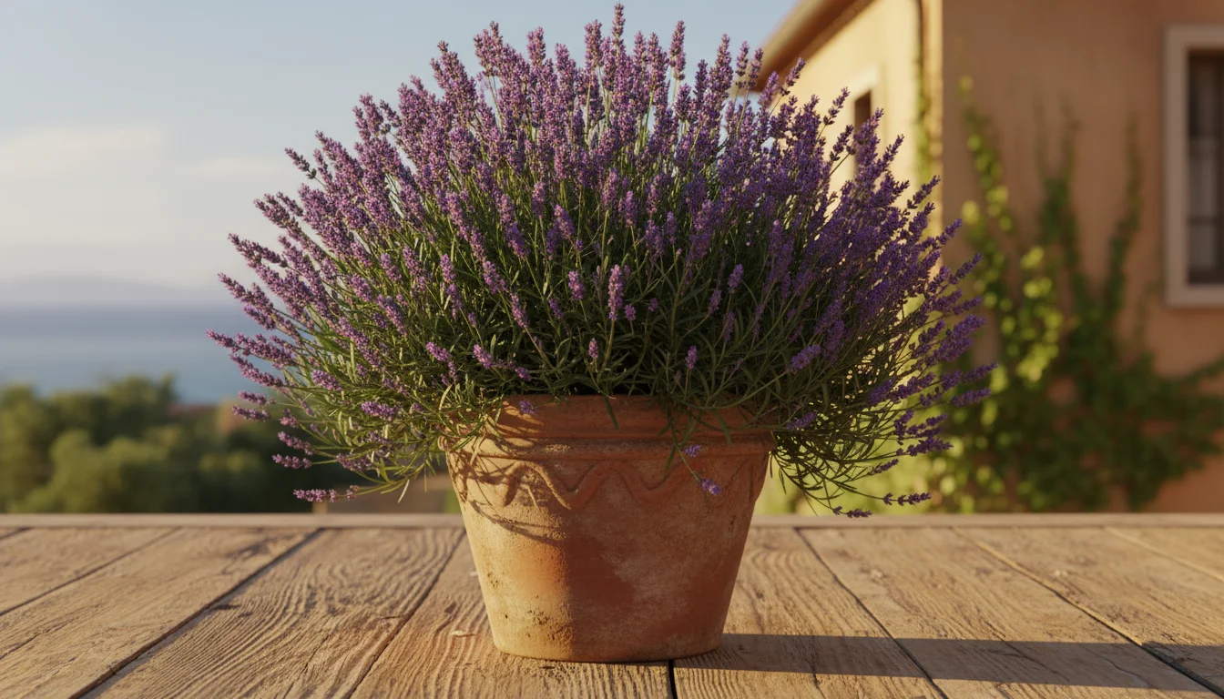 A thriving English Lavender plant with vibrant purple flowers and silvery-green leaves in a terracotta pot on a sunny wooden balcony.