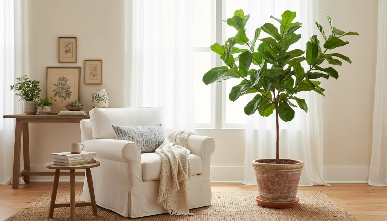A thriving Fiddle Leaf Fig tree in a terracotta pot bathed in bright, diffused light from a sheer-curtained apartment window.