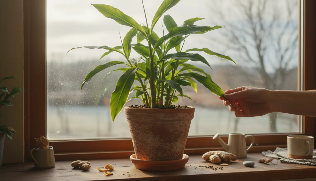 A thriving ginger plant with lush green leaves in a terracotta pot on a sunny kitchen windowsill.