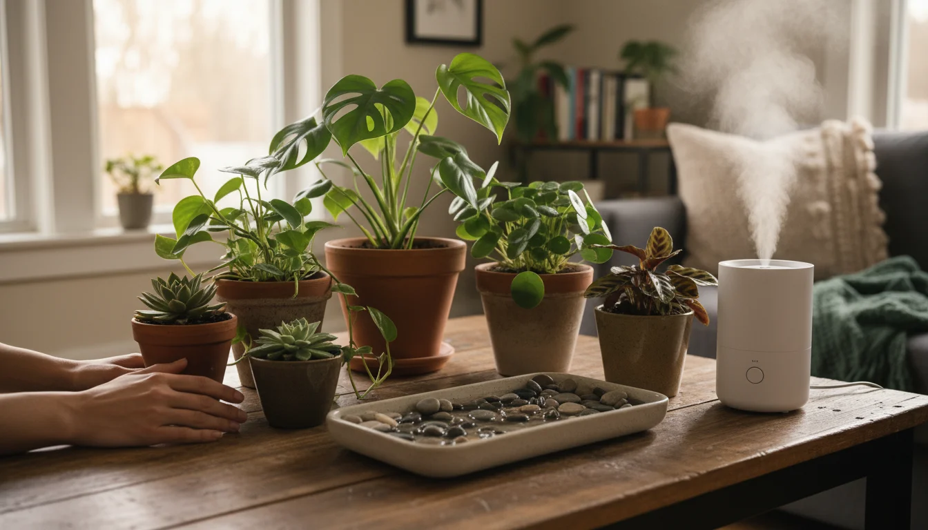 A slightly elevated view of thriving houseplants in various pots on a wooden table, with hands observing, a pebble tray, and a small humidifier.