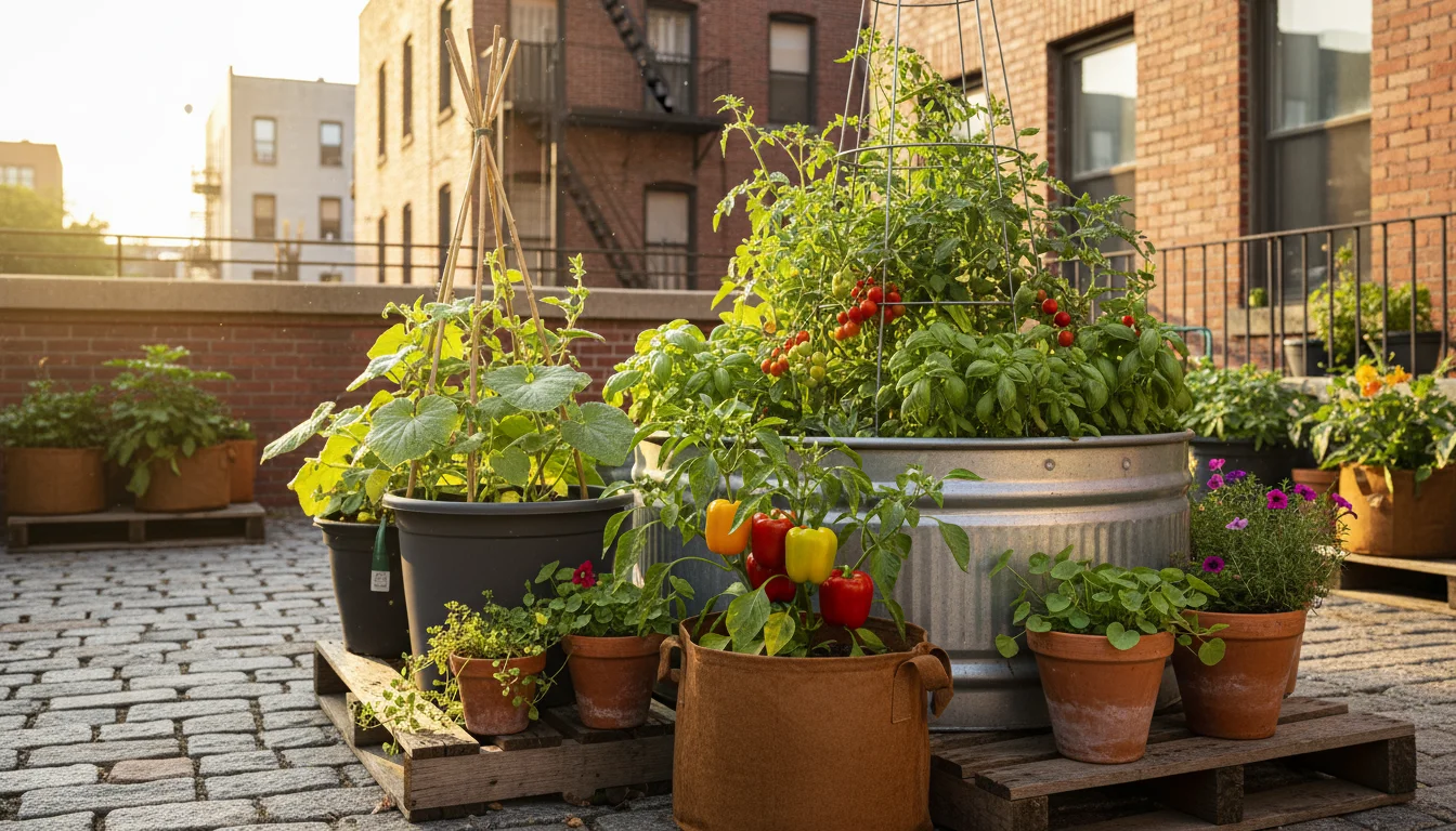 Thriving pepper, bush cucumber, and indeterminate tomato plants in 5-gallon, 7-gallon, and 20-gallon containers respectively, on a sunny urban patio.