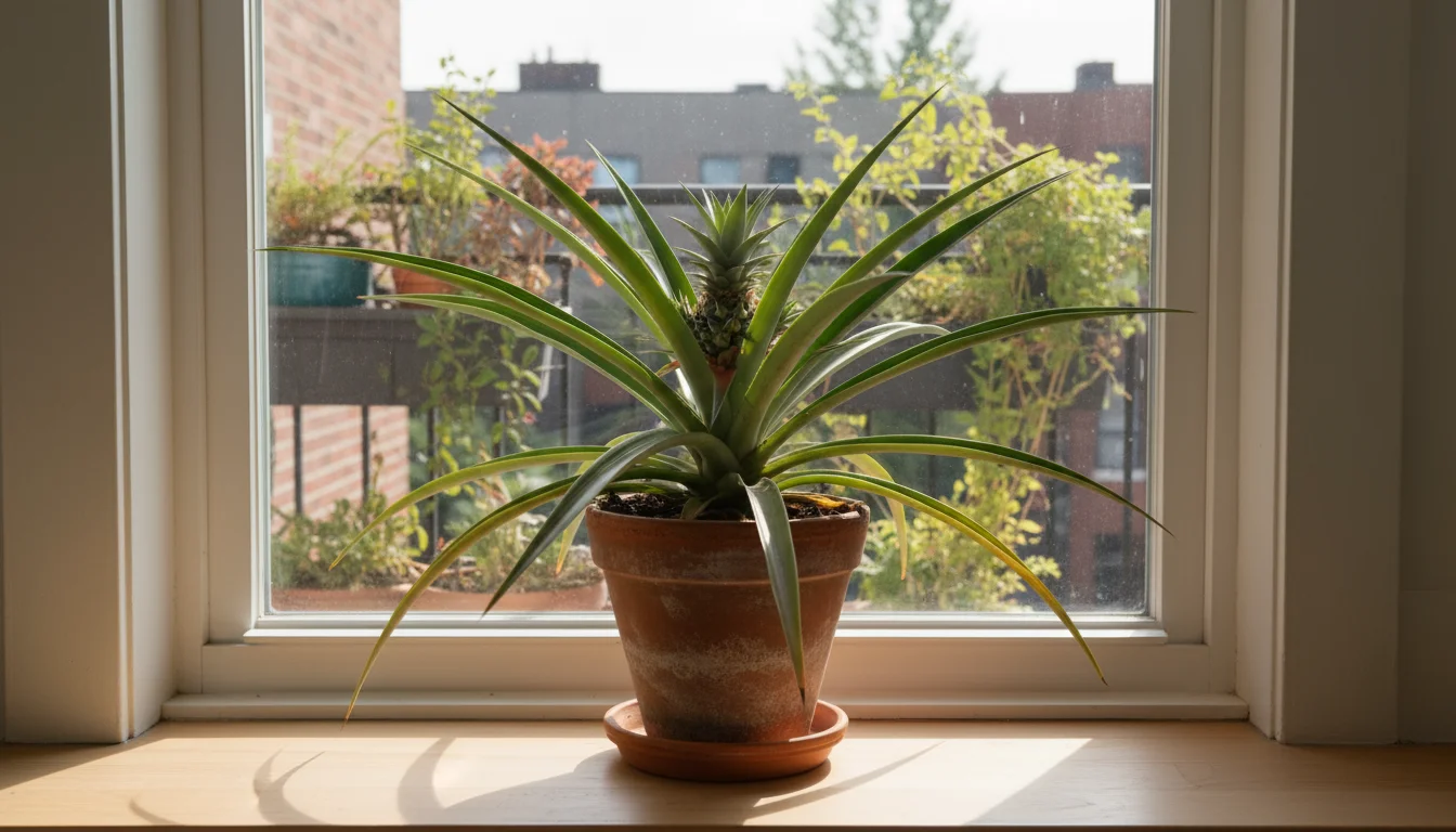 A thriving pineapple plant in a terracotta pot sits on a sunny windowsill, bathed in bright, indirect sunlight.