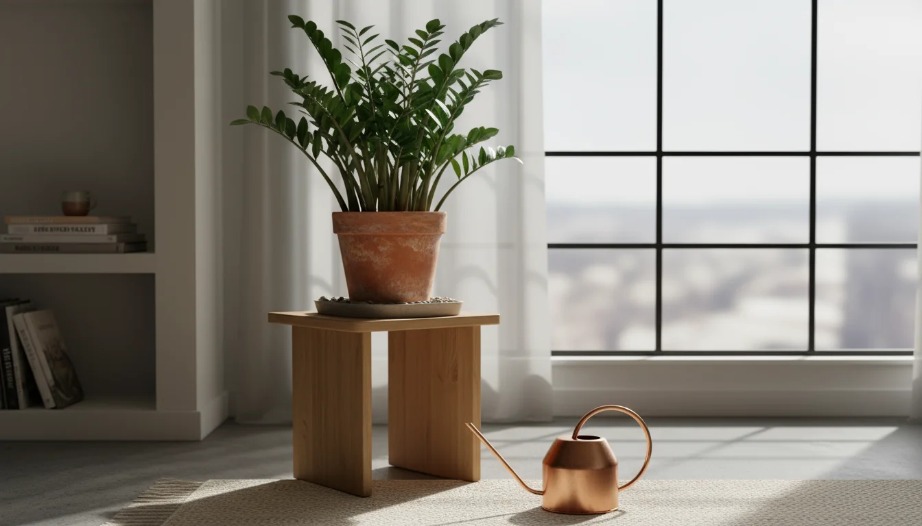 A thriving ZZ plant in a terracotta pot on a table by an apartment window. An unused copper watering can and a pebble tray are nearby.