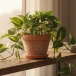 A thriving Pothos houseplant in a terracotta pot sits by a window, illuminated by soft, diffuse winter light with hints of condensation.