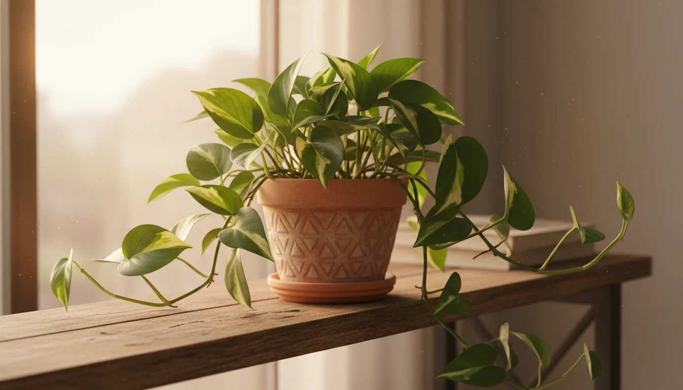 A thriving Pothos houseplant in a terracotta pot sits by a window, illuminated by soft, diffuse winter light with hints of condensation.