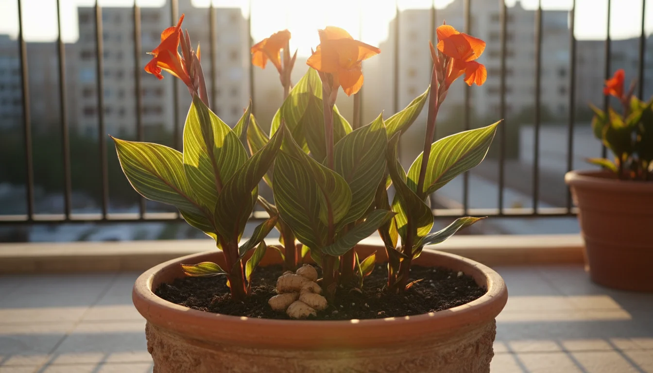 A thriving potted canna lily with striped leaves and orange-red flowers on a sunny urban balcony, with a gnarled rhizome section peeking from the soil