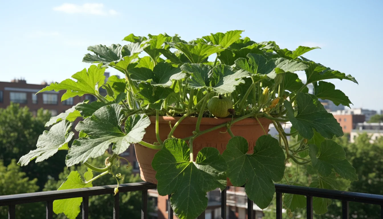 A thriving pumpkin plant with green leaves and a small fruit in a terracotta pot, bathed in direct sunlight on an urban balcony railing.