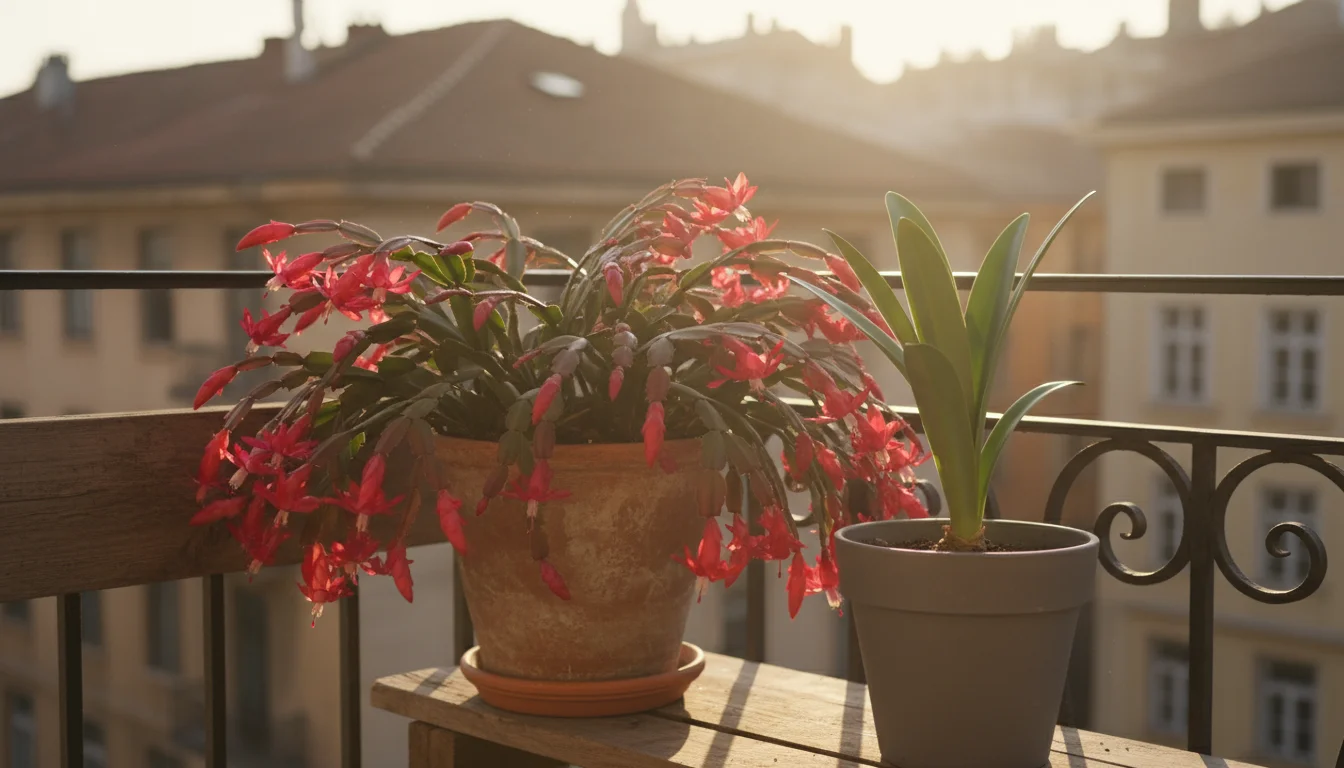 A thriving, re-blooming red Christmas cactus and a healthy Amaryllis plant sit on a sunlit urban balcony. A hand waters another plant.