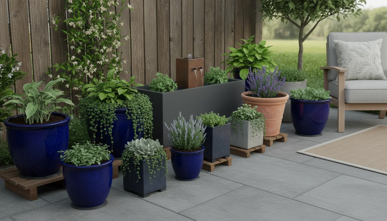 Elevated view of a thriving small patio garden. Diverse container pots, some on discreet risers for drainage, hold lush herbs and flowers. A gardener
