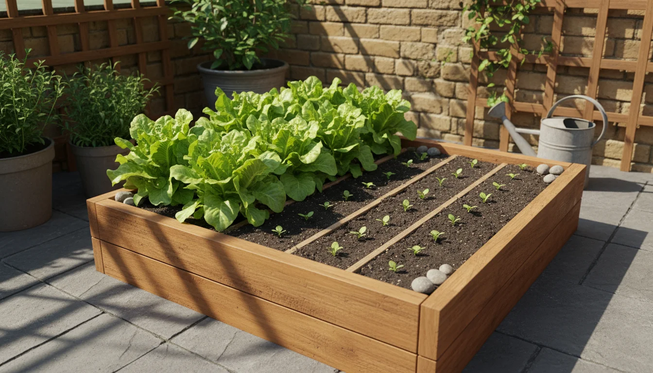 A thriving small wooden raised garden bed on a patio, showing mature lettuce next to newly sprouted spinach seedlings and mid-growth radishes.