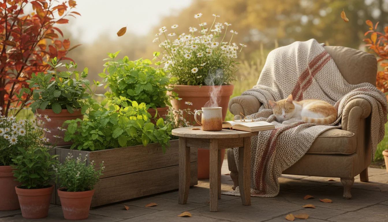 Thriving tea herbs, including mint and lemon balm, in various pots on a small patio. A steaming mug and garden pruners rest on an adjacent weathered w